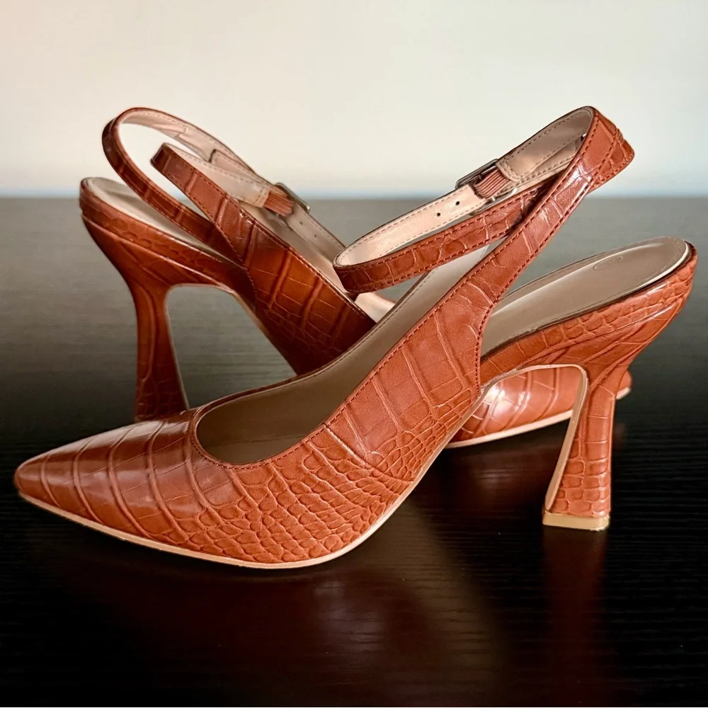 Brown Croc-Embossed Ankle-Strap Pointed Toe Pumps - Picture 8 of 11